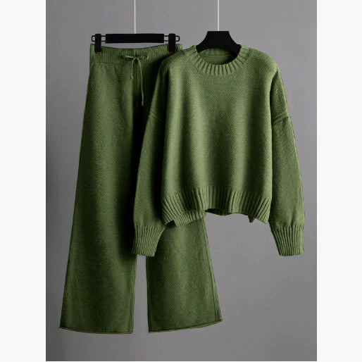 Women’s Knitted Wide-Leg Pants Set – Casual Two-Piece Knit Outfit-HighTouch
