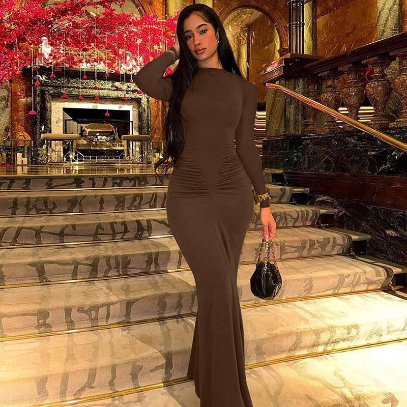 Long Sleeve Pleated High Waist Slim Fit Dress UK-HighTouch