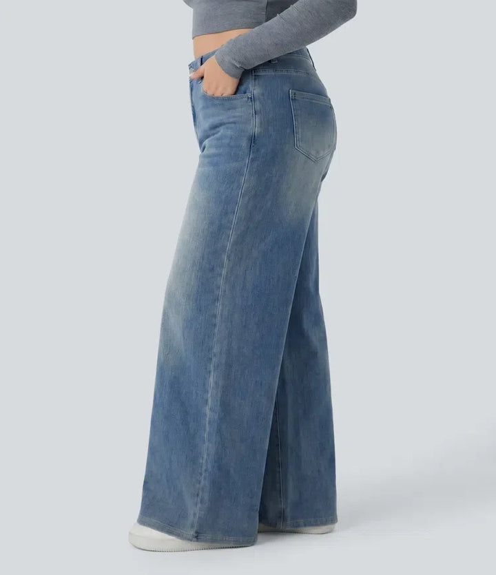 Plus Size Jeans Women High Waisted Baggy Wide Leg Washed
