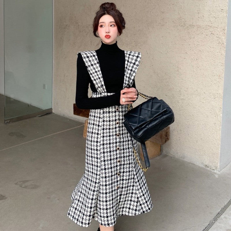 Women's French Retro Plaid Dress – Elegant Commuter Square Collar Style-HighTouch