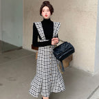 Women's French Retro Plaid Dress – Elegant Commuter Square Collar Style-HighTouch