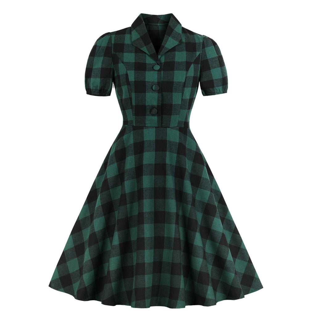 Plaid V-neck button dress-HighTouch