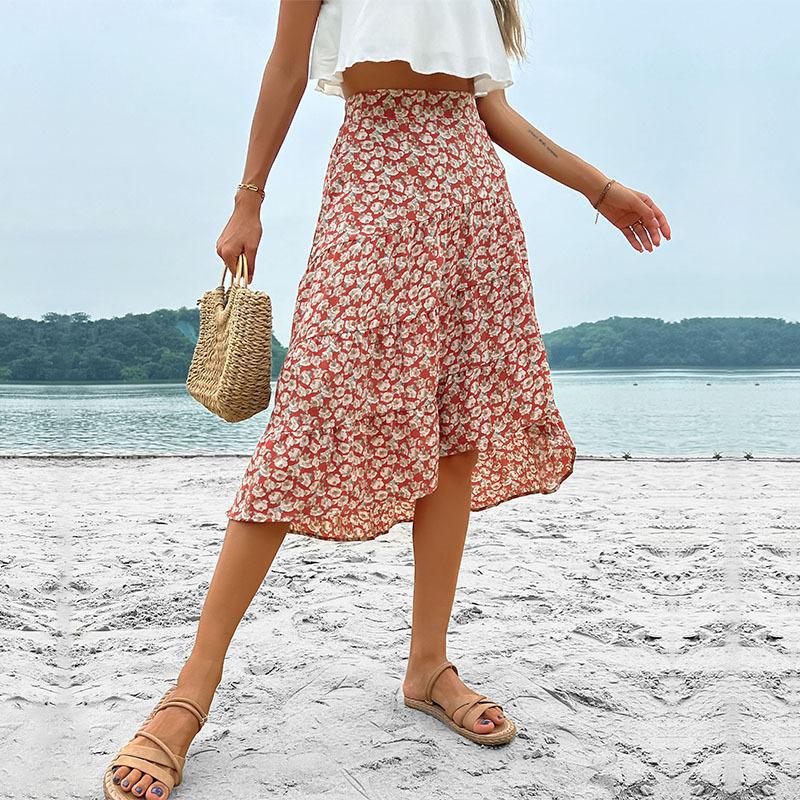 Women’s Wine Red Floral Holiday Skirt – Irregular Hem Temperament Midi