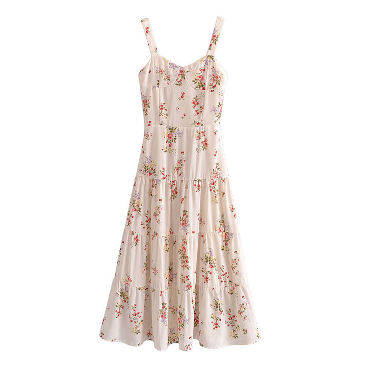 Women's French Style Vintage Small Floral Printed High Waist Slim Fit Slimming Suspenders Dress-HighTouch