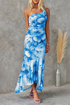 Flowers Print One-shoulder Dress Summer INS Casual Suspender Long Dresses Womens Clothing-HighTouch