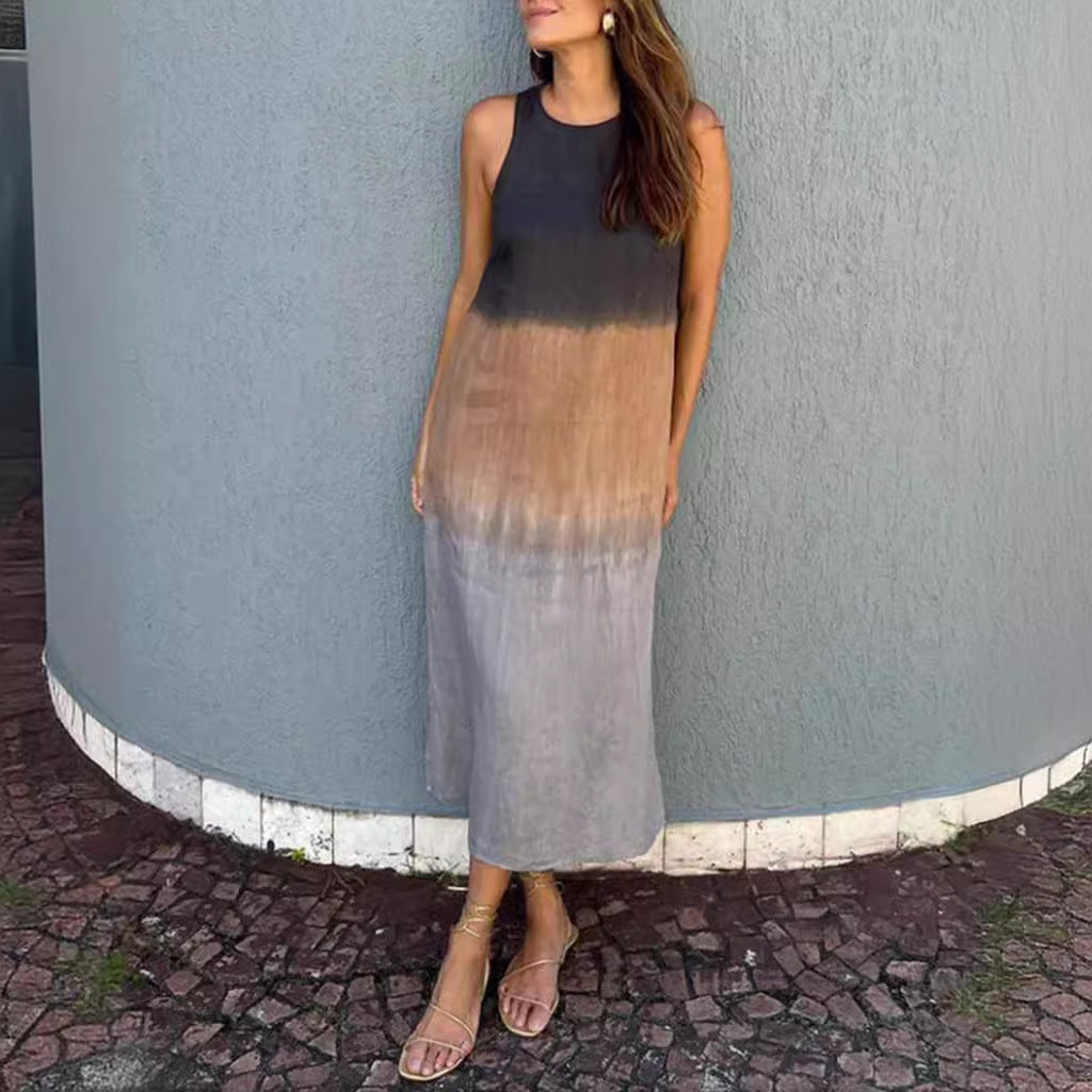 Loose Sleeveless Printed Color-block Crew Neck Long Dress-HighTouch