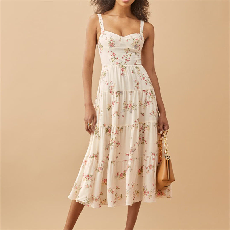 Women's French Style Vintage Small Floral Printed High Waist Slim Fit Slimming Suspenders Dress-HighTouch