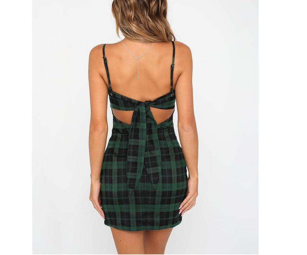 Women's Erika Green Plaid Dress – Vintage Elegant Long Sleeve Mini Dress-HighTouch