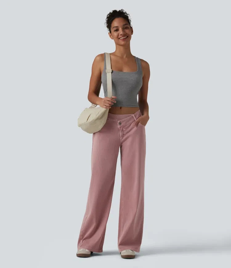 Wide Leg Jeans Women Low Rise Asymmetric Pink Denim