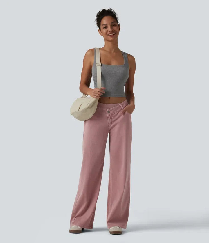 Wide Leg Jeans Women Low Rise Asymmetric Pink Denim