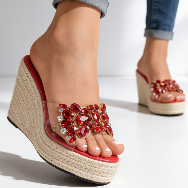 Women's Floral Crystal Wedge Sandals Espadrille Mules
