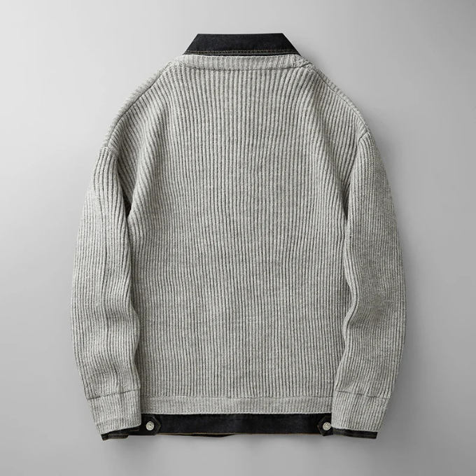 Men's Wool Knit Sweater with Denim Trim – Relaxed Fit