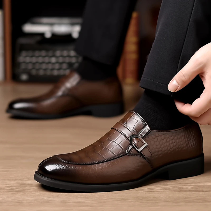 Men’s Leather Monk Strap Shoes – Croc Textured Style