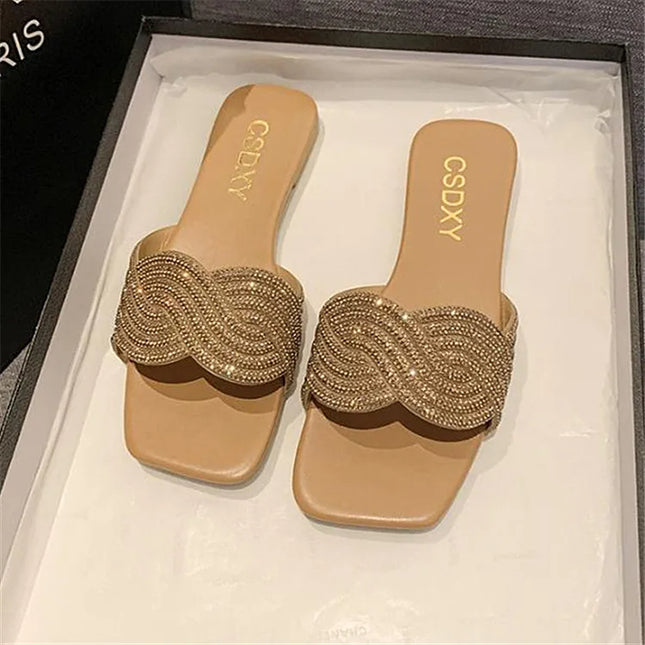 Women's Shiny Rhinestone Flat Sandals – Big Size 35-42 Glitter Slip-On Slides