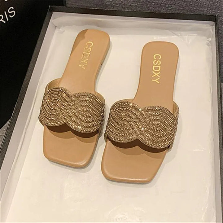 Women's Shiny Rhinestone Flat Sandals – Big Size 35-42 Glitter Slip-On Slides-HighTouch