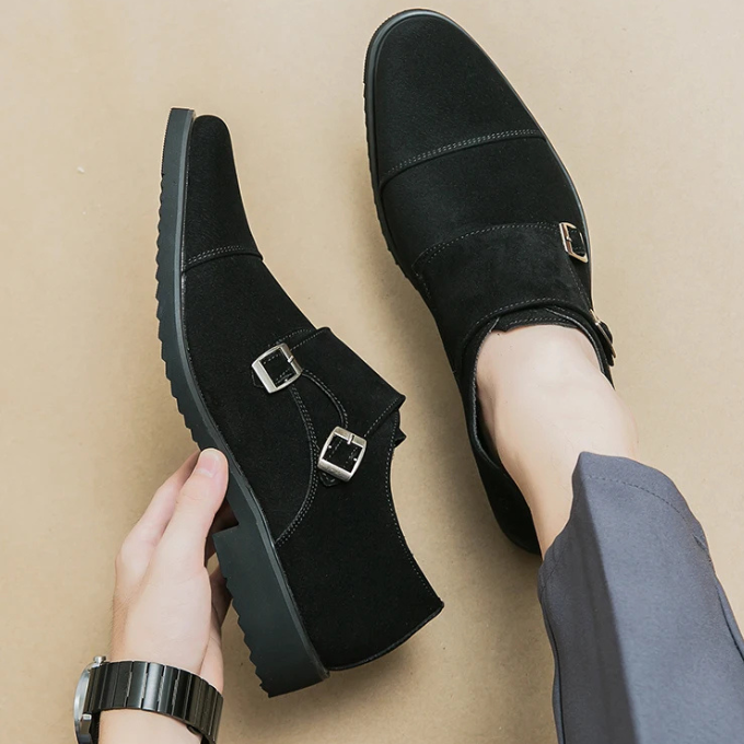 Men’s Suede Monk Strap Shoes – Double Buckle Style