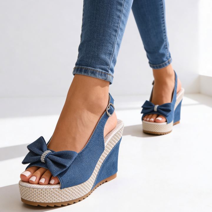 Women's Crystal Bow Wedge Sandals Dress Shoes