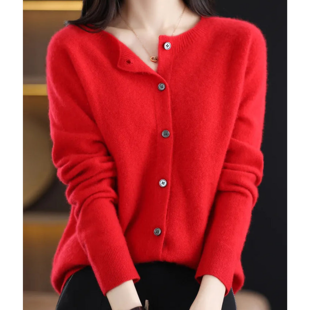 Wool -Blend O-Neck Cardigan Sweater-HighTouch
