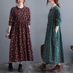 Women's Cotton-Linen Fold Stitch Dress – Relaxed Casual Midi Dress-HighTouch