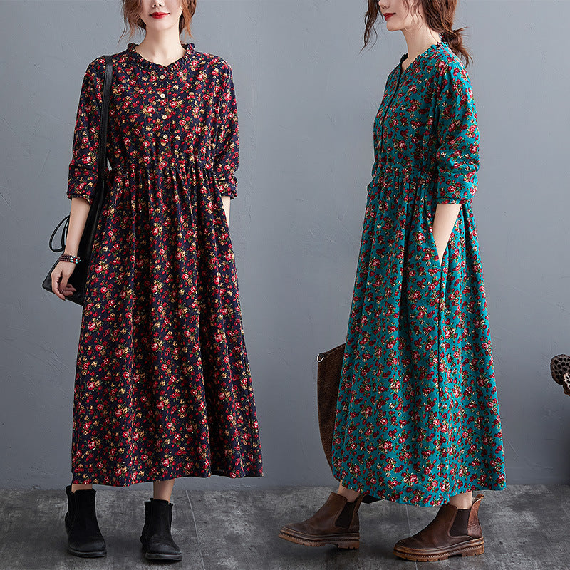 Women's Cotton-Linen Fold Stitch Dress – Relaxed Casual Midi Dress-HighTouch