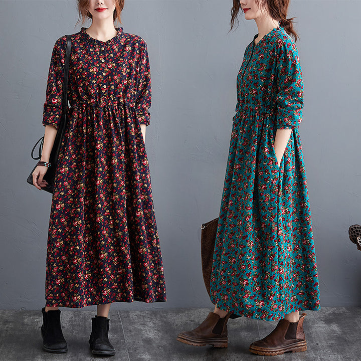 Women's Cotton-Linen Fold Stitch Dress – Relaxed Casual Midi Dress-HighTouch