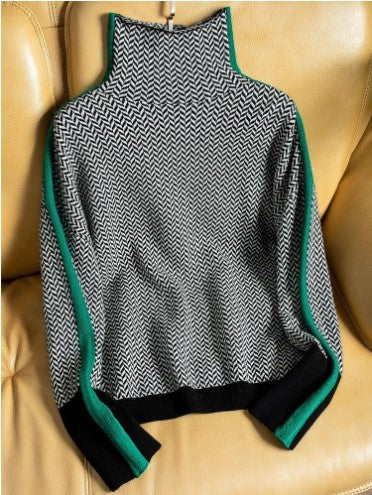 Women’s Contrast‑Sleeve Wool‑Like Turtleneck Sweater-HighTouch