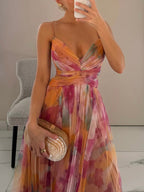 Elegant Painted Floral Print V-Neck A-Line Maxi Dress-HighTouch