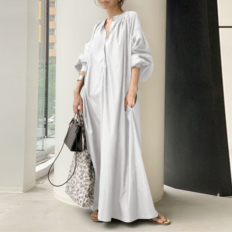 Women's V-Neck Long Maxi Dress – Soft Cotton-Blend Casual Dress-HighTouch