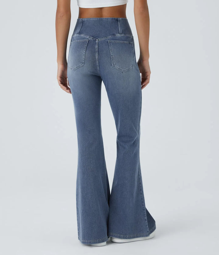 Flare Jeans Women High Waisted Crossover Washed Denim