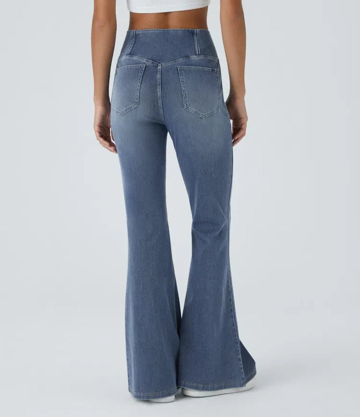 Flare Jeans Women High Waisted Crossover Washed Denim
