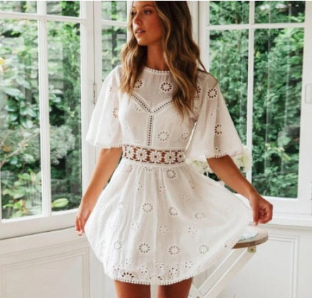 Lace Patchwork Cotton Dress | Hook Flower Hollow Princess Midi Dress-HighTouch