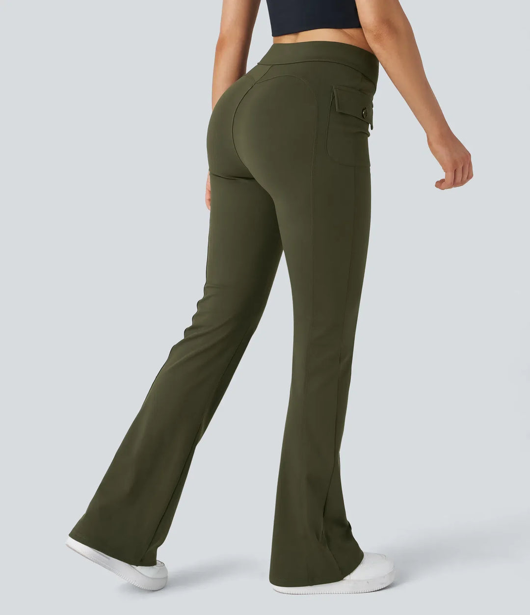 Cargo Pants Women High Waisted Flare Leg Flap Pocket Trousers