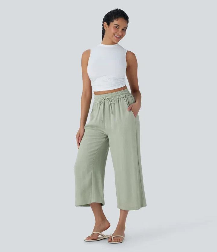 Wide Leg Pants Women High Waisted Drawstring Linen Feel