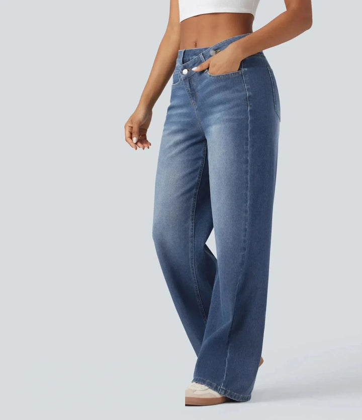 Baggy Jeans Women High Waisted Asymmetric Washed Denim