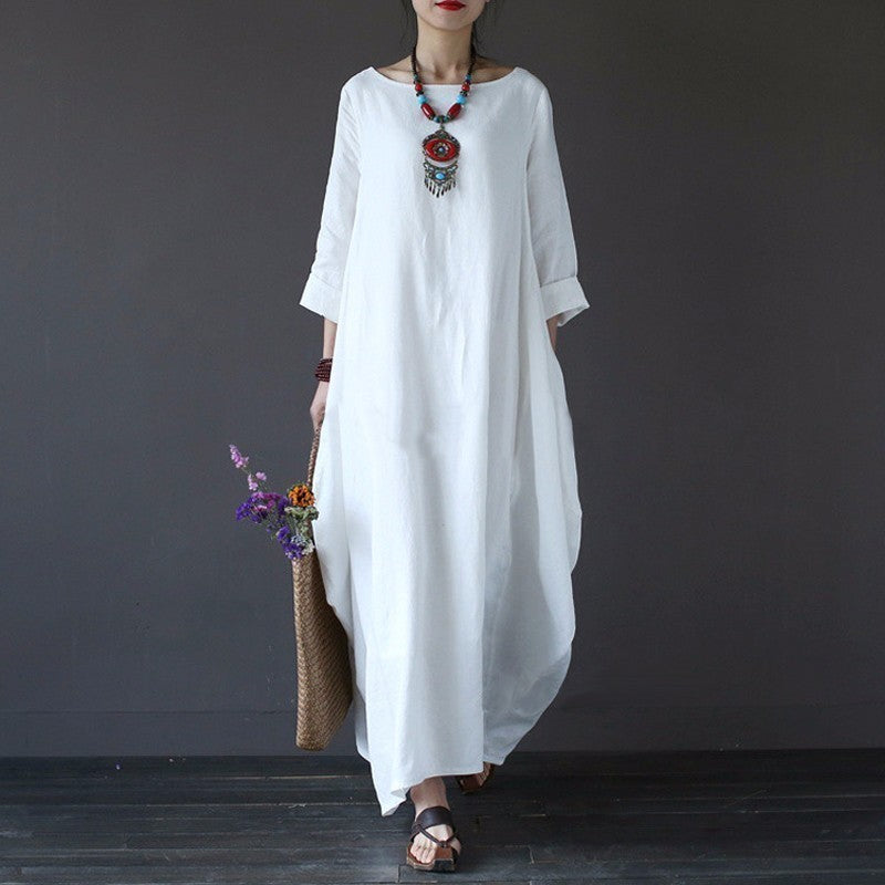 Oversized Cotton & Linen Maxi Dress | Relaxed Natural Fiber Dress-HighTouch