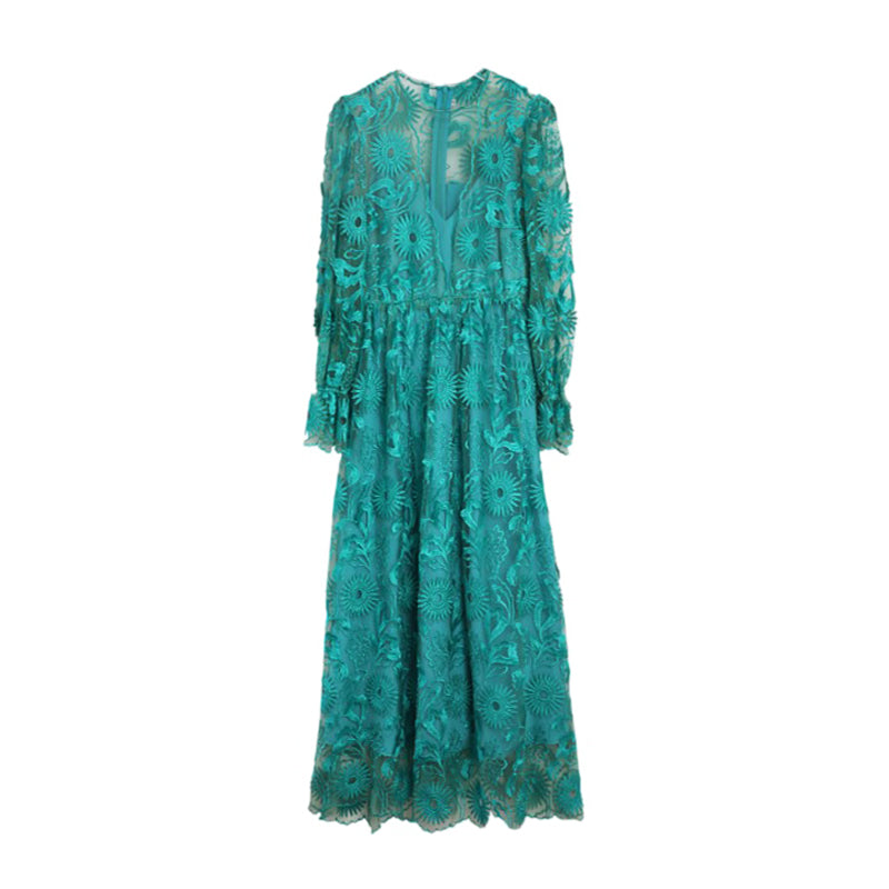 Gently Breezy Mesh Lace Embroidered Maxi Dress-HighTouch