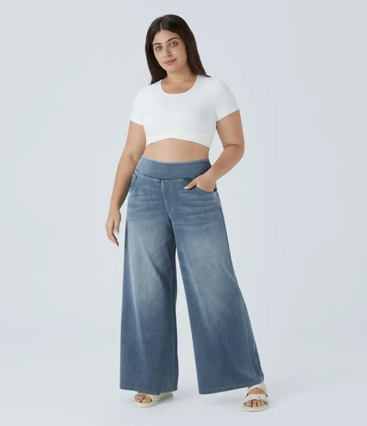 Plus Size Jeans Women High Waisted Baggy Wide Leg Washed