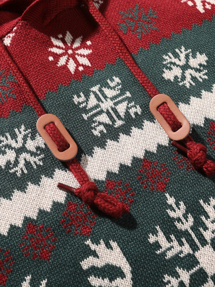 Women's Hooded Christmas Sweater with Reindeer and Snowflake Pattern