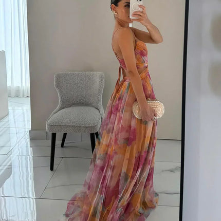 Faye™ | Elegant Printed Lace-Up Maxi Dress