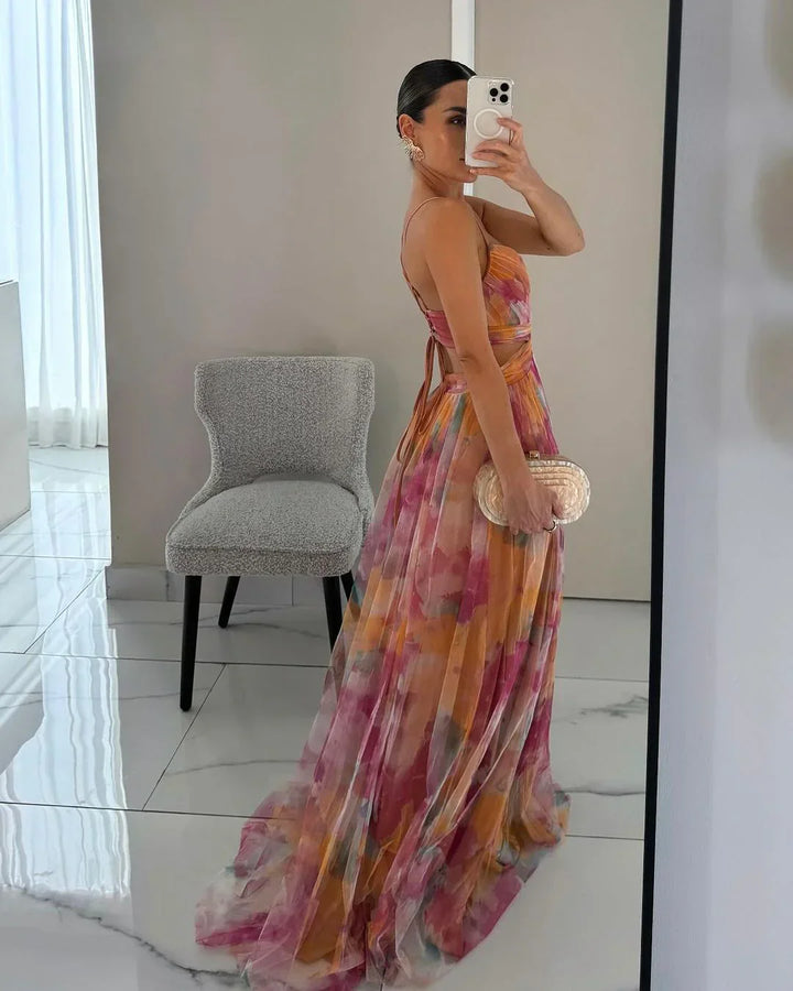 Faye | Elegant Printed Lace-Up Maxi Dress-HighTouch