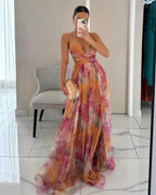 Faye™ | Elegant Printed Lace-Up Maxi Dress