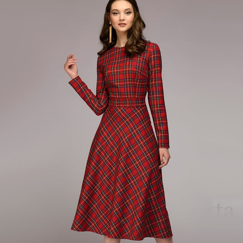 Women's Plaid Long Sleeve Dress – Soft Cotton Casual Shirt Dress-HighTouch