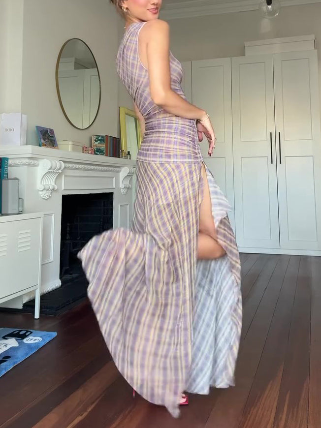 Women's Elegant Plaid Maxi Dress – Regular Fit Polyester Long Dress for Daily-HighTouch
