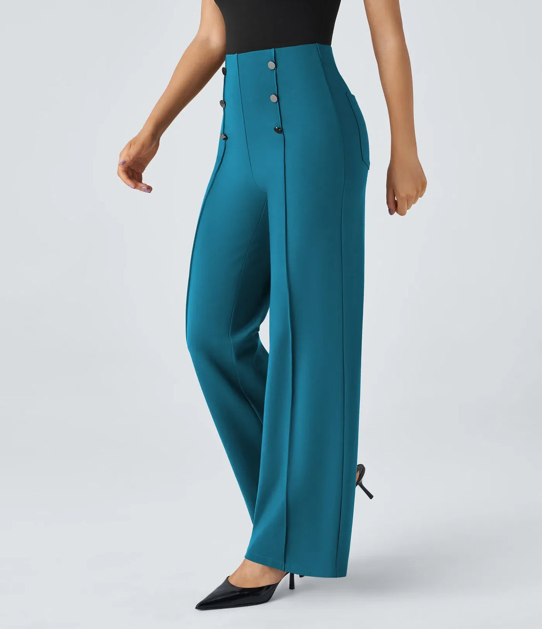 Wide Leg Work Pants Women High Waisted Button Pocket Trousers