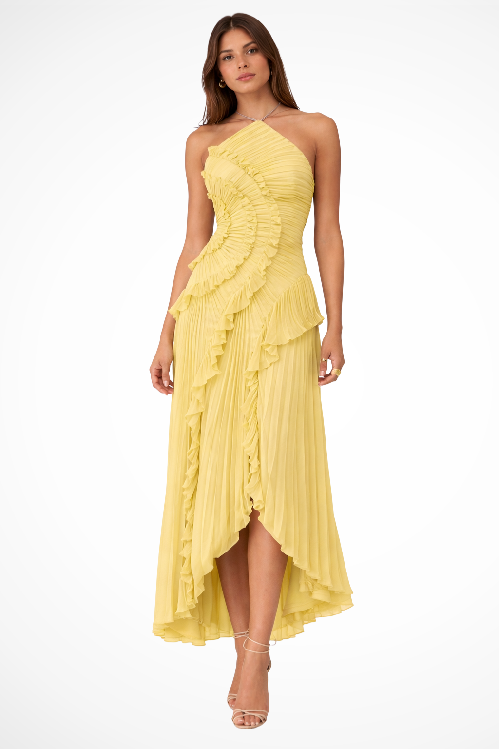 Tatianea | Backless Halter Ruffled Wedding Guest Maxi Dress
