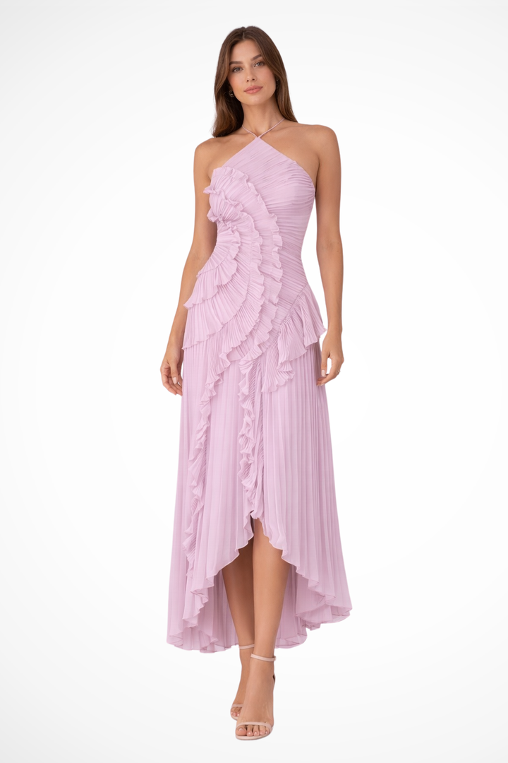 Tatianea | Backless Halter Ruffled Wedding Guest Maxi Dress