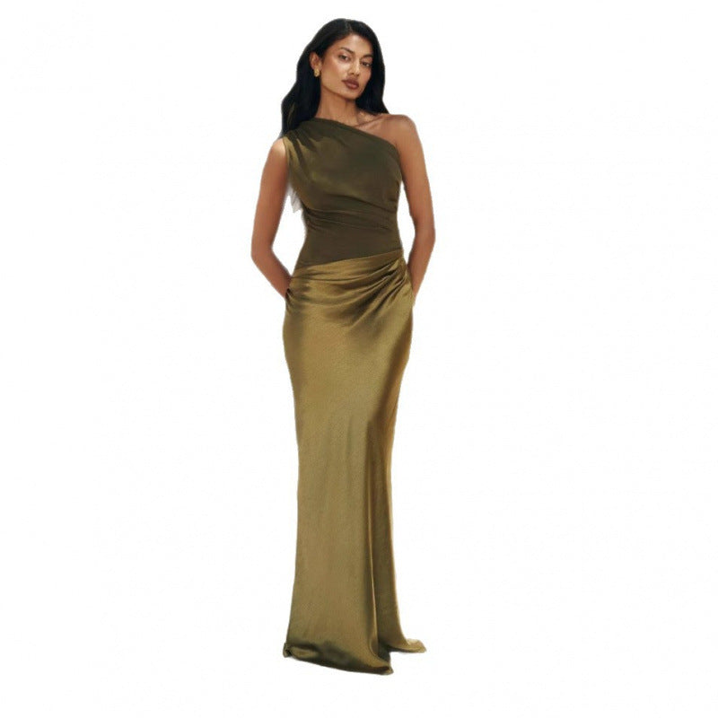 Crossbody Pleated Stitching Satin Skirt-HighTouch
