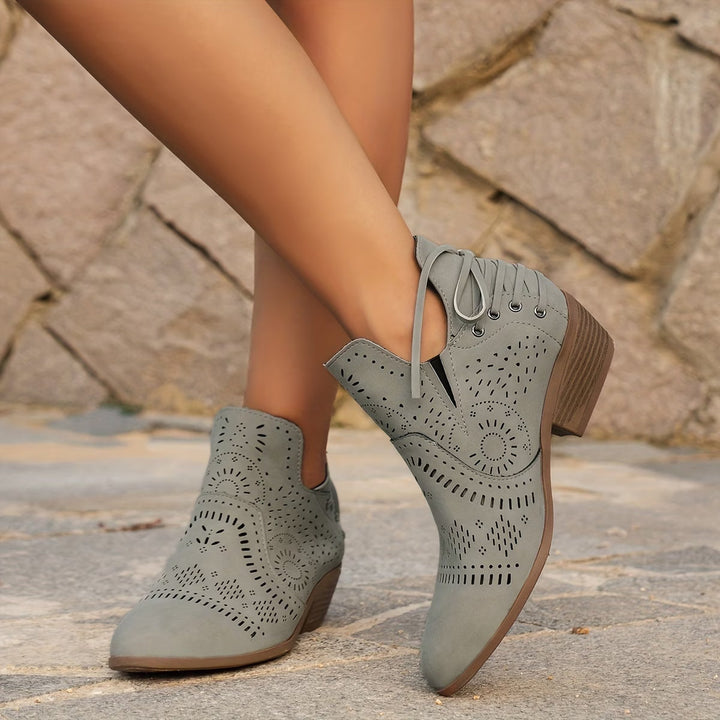 Women's Vintage Cutout Ankle Boots - Low Block Heel Western Booties