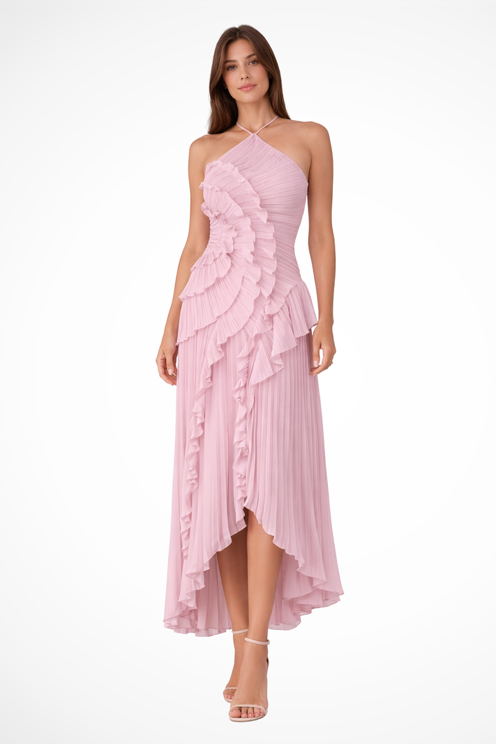 Tatianea | Backless Halter Ruffled Wedding Guest Maxi Dress