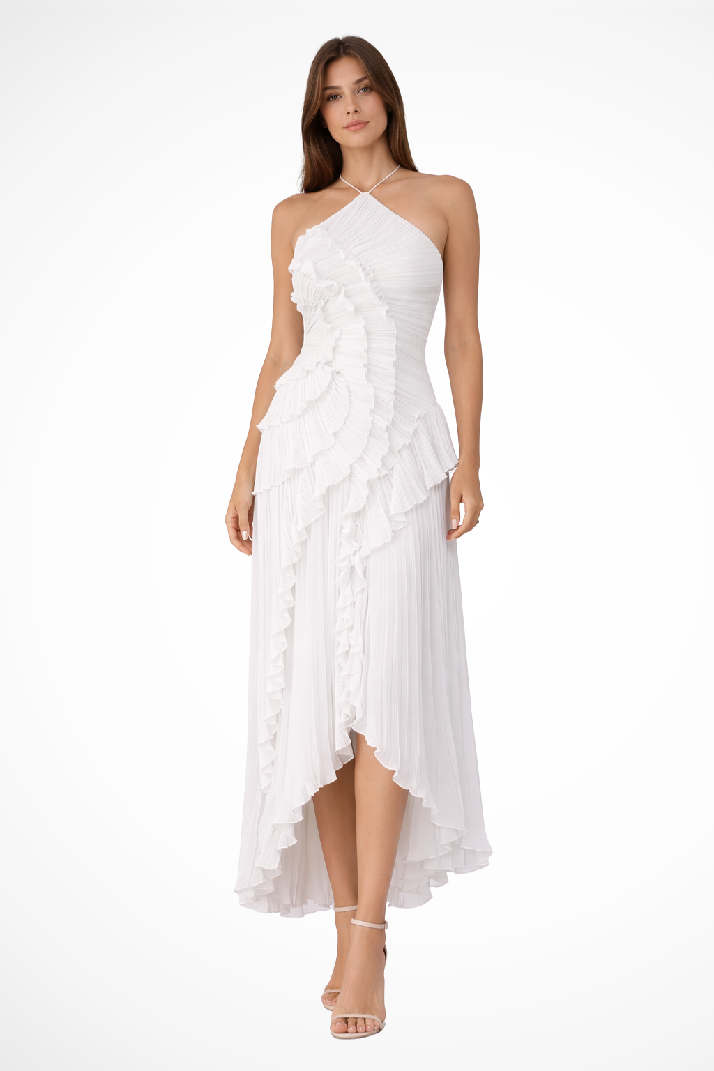 Tatianea | Backless Halter Ruffled Wedding Guest Maxi Dress